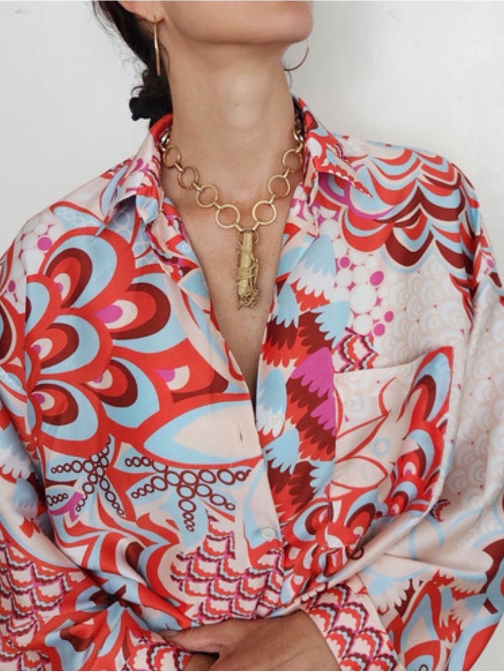 Zara Red, Light Blue & Pink Abstract Print Button-Down.  Style 3068/166/330